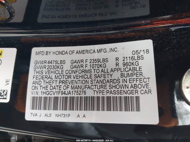 Продажа на аукционе авто 2018 Honda Accord Touring, vin: 1HGCV1F94JA175276, номер лота: 44755713