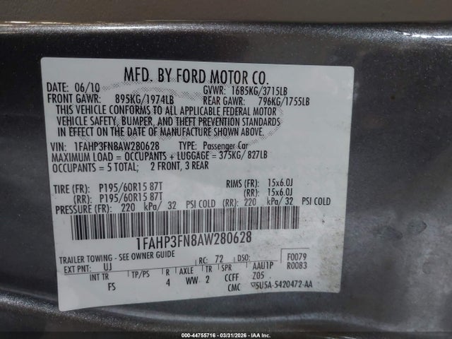 Продажа на аукционе авто 2010 Ford Focus Se, vin: 1FAHP3FN8AW280628, номер лота: 44755716
