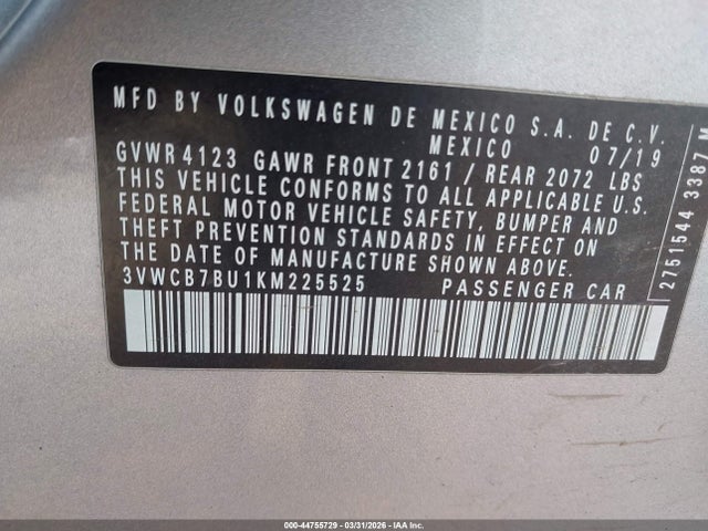 44755729 :رقم المزاد ، 3VWCB7BU1KM225525 vin ، 2019 Volkswagen Jetta 1.4t R-line/1.4t S/1.4t Se مزاد بيع