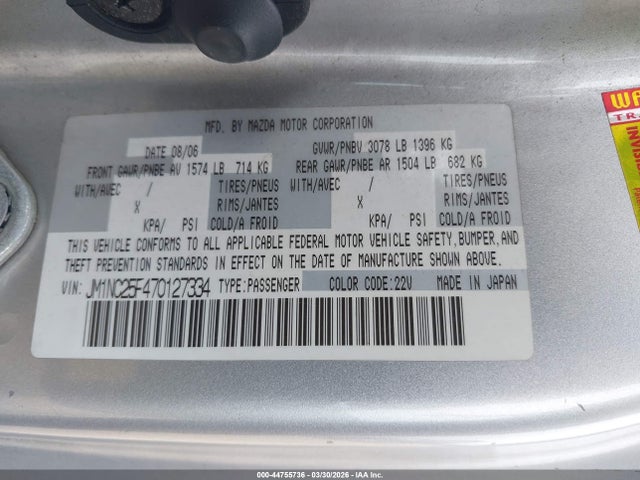 Продажа на аукционе авто 2007 Mazda Mx-5 Sport, vin: JM1NC25F470127334, номер лота: 44755736