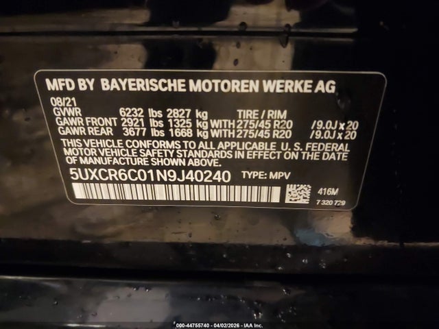44755740 :رقم المزاد ، 5UXCR6C01N9J40240 vin ، 2022 Bmw X5 Xdrive40i مزاد بيع