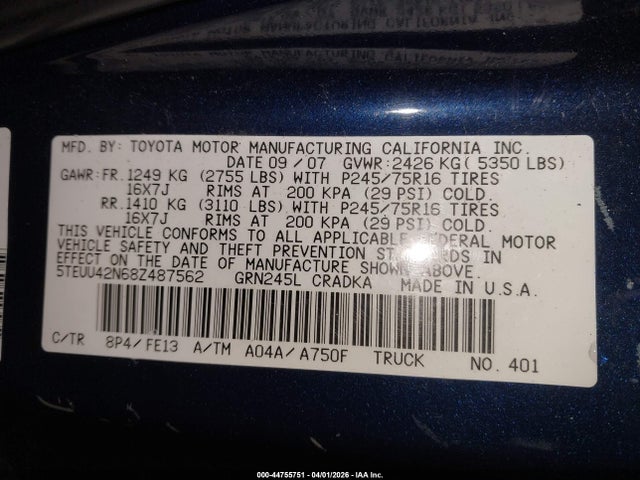44755751 :رقم المزاد ، 5TEUU42N68Z487562 vin ، 2008 Toyota Tacoma Base V6 مزاد بيع