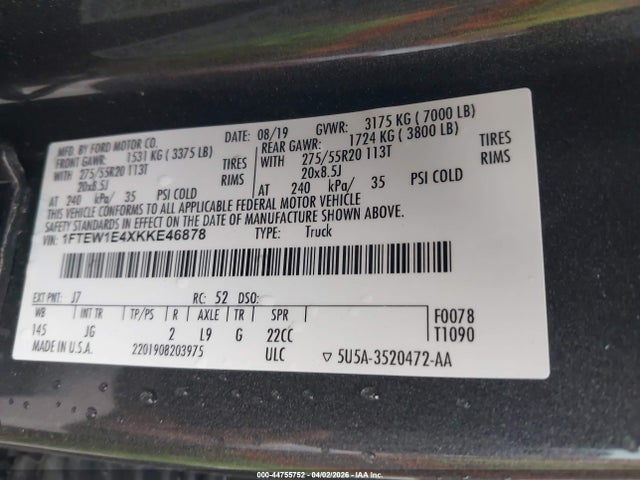 Aukcja sprzedaży 2019 Ford F-150 Xl, vin: 1FTEW1E4XKKE46878, numer aukcji: 44755752