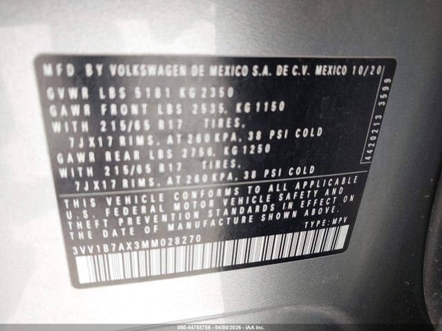 Auction sale of the 2021 Volkswagen Tiguan 2.0t S, vin: 3VV1B7AX3MM028270, lot number: 44755756