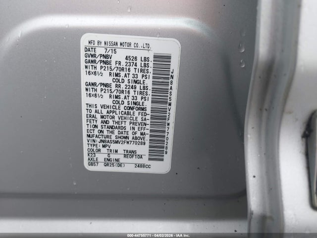 JN8AS5MV2FW770289 Nissan Rogue Select S