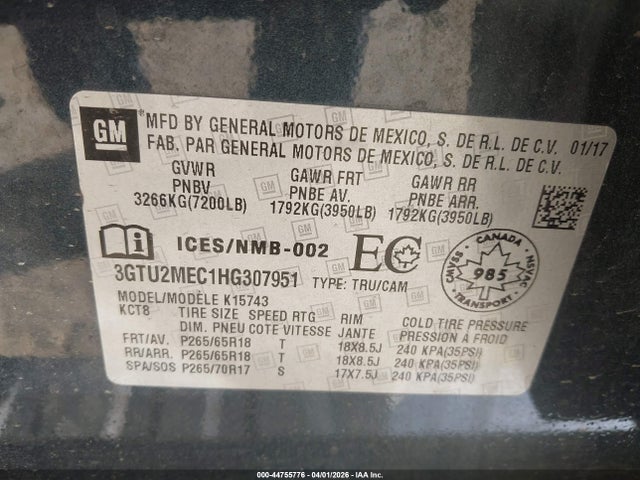 2017 Gmc Sierra 1500 Sle მანქანა იყიდება აუქციონზე, vin: 3GTU2MEC1HG307951, აუქციონის ნომერი: 44755776