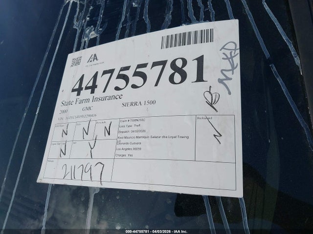 44755781 :رقم المزاد ، 1GTEC14V9YZ290416 vin ، 2000 Gmc Sierra 1500 Sle مزاد بيع