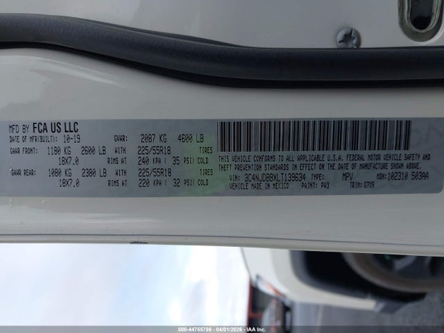 Aukcja sprzedaży 2020 Jeep Compass Altitude 4x4, vin: 3C4NJDBBXLT139634, numer aukcji: 44755786