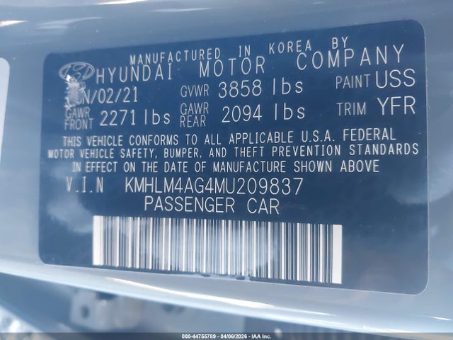 Aukcja sprzedaży 2021 Hyundai Elantra Sel, vin: KMHLM4AG4MU209837, numer aukcji: 44755789