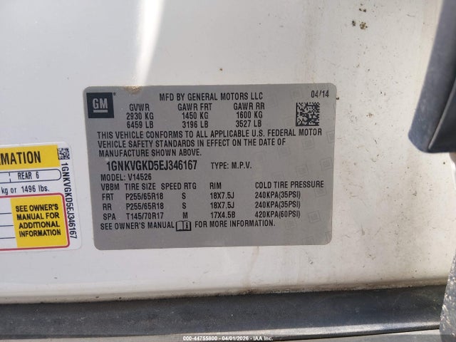Продажа на аукционе авто 2014 Chevrolet Traverse 1lt, vin: 1GNKVGKD5EJ346167, номер лота: 44755800