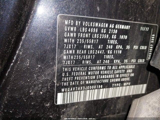44755823 :رقم المزاد ، WVGAV7AX3JK000196 vin ، 2018 Volkswagen Tiguan Limited 2.0t مزاد بيع