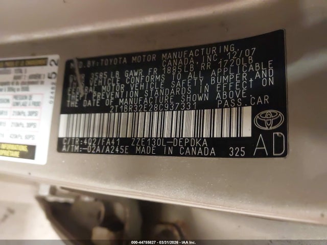 Продаж на аукціоні авто 2008 Toyota Corolla Ce, vin: 2T1BR32E28C937331, номер лоту: 44755827