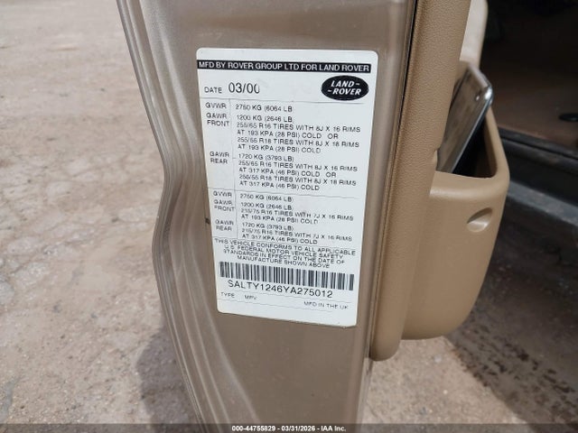 44755829 :رقم المزاد ، SALTY1246YA275012 vin ، 2000 Land Rover Discovery Series Ii Cloth/series Ii Leather مزاد بيع