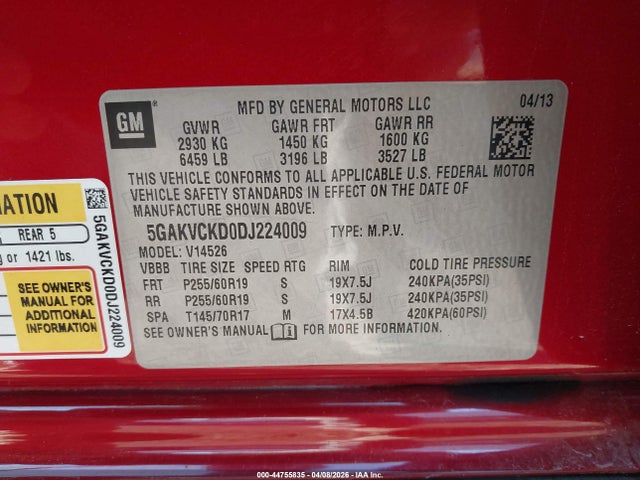 44755835 :رقم المزاد ، 5GAKVCKD0DJ224009 vin ، 2013 Buick Enclave Leather مزاد بيع