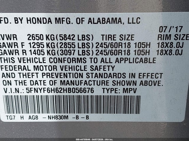 2017 Honda Pilot Ex-l მანქანა იყიდება აუქციონზე, vin: 5FNYF6H62HB056676, აუქციონის ნომერი: 44755846