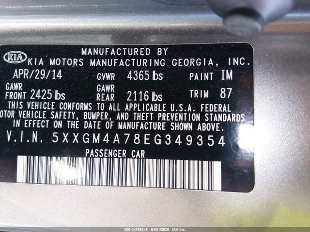 2014 Kia Optima Lx მანქანა იყიდება აუქციონზე, vin: 5XXGM4A78EG349354, აუქციონის ნომერი: 44755848
