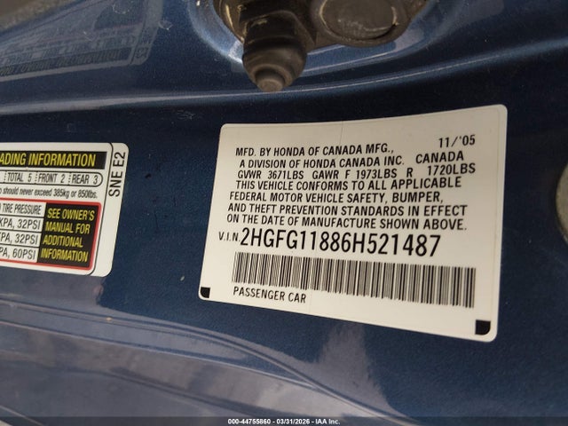 44755860 :رقم المزاد ، 2HGFG11886H521487 vin ، 2006 Honda Civic Ex مزاد بيع