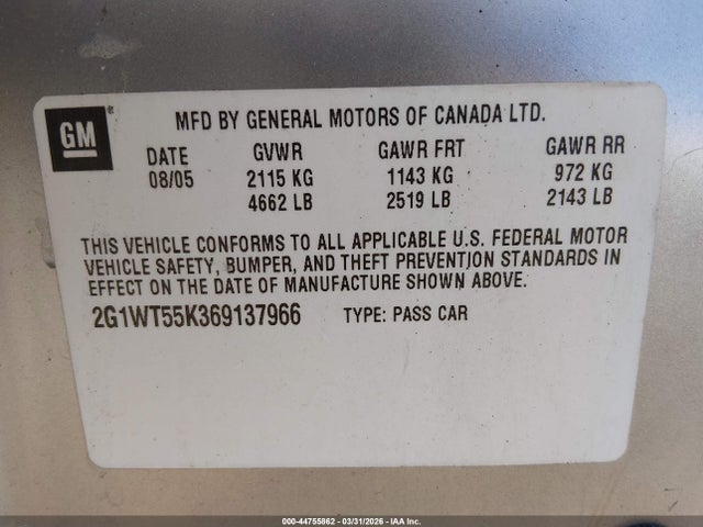 44755862 :رقم المزاد ، 2G1WT55K369137966 vin ، 2006 Chevrolet Impala Lt مزاد بيع