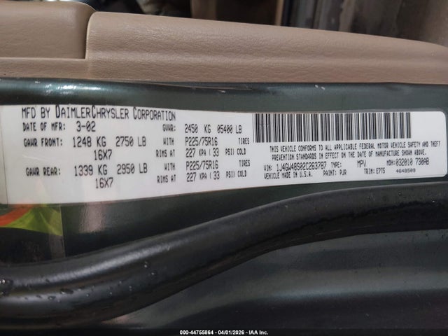 44755864 :رقم المزاد ، 1J4GW48S02C263787 vin ، 2002 Jeep Grand Cherokee Laredo مزاد بيع