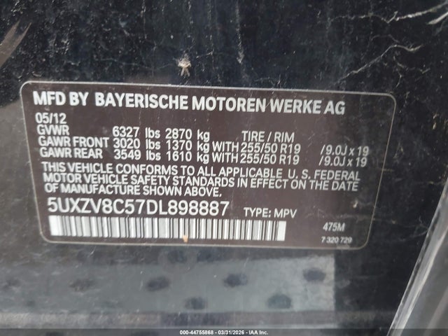 44755868 :رقم المزاد ، 5UXZV8C57DL898887 vin ، 2013 Bmw X5 Xdrive50i مزاد بيع