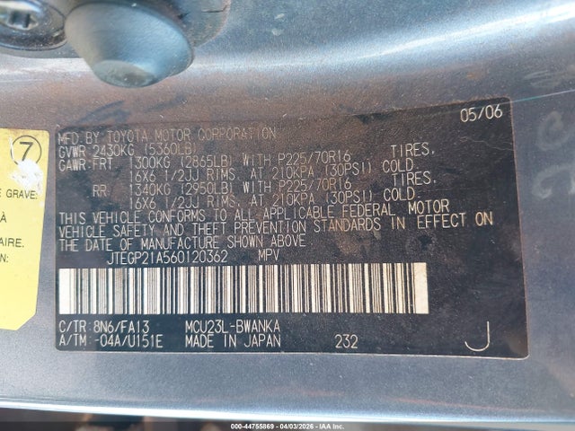 Aukcja sprzedaży 2006 Toyota Highlander, vin: JTEGP21A560120362, numer aukcji: 44755869