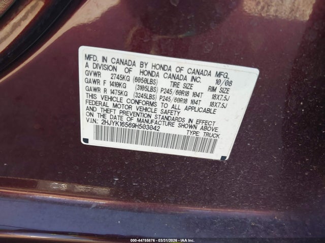 44755876 :رقم المزاد ، 2HJYK16569H503042 vin ، 2009 Honda Ridgeline Rtl مزاد بيع