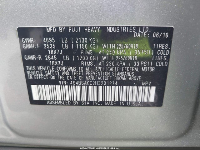 2017 Subaru Outback 2.5i Limited მანქანა იყიდება აუქციონზე, vin: 4S4BSAKC2H3201274, აუქციონის ნომერი: 44755881