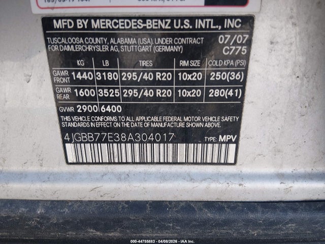 Продаж на аукціоні авто 2008 Mercedes-benz Ml 63 Amg 4matic, vin: 4JGBB77E38A304017, номер лоту: 44755883
