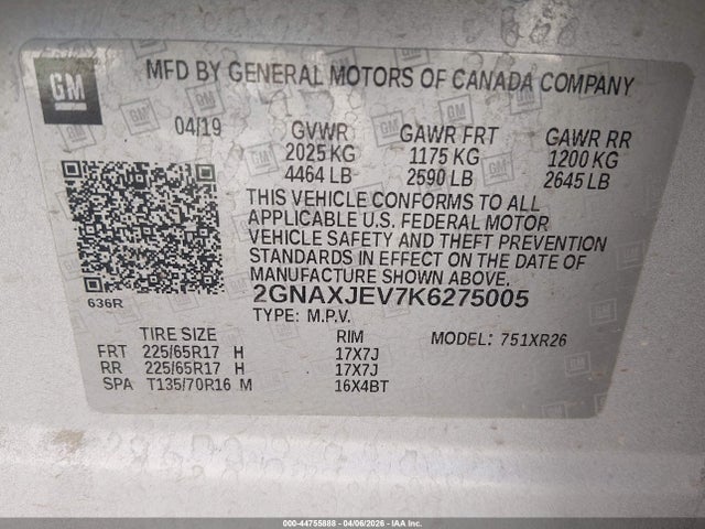 2GNAXJEV7K6275005 Chevrolet EQUINOX LT