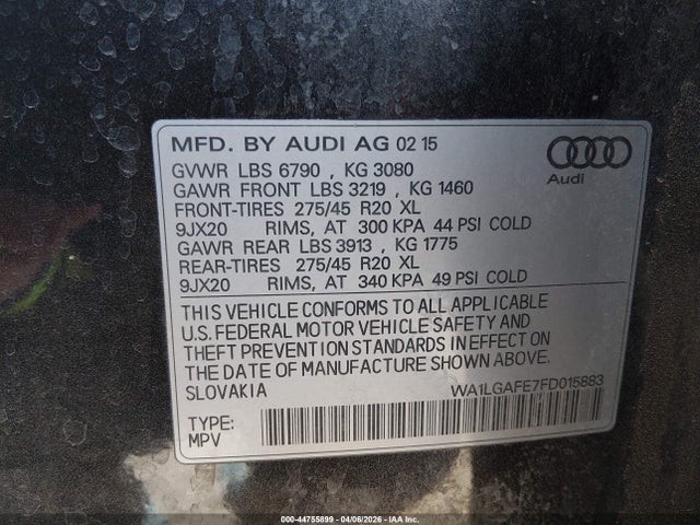 44755899 :رقم المزاد ، WA1LGAFE7FD015883 vin ، 2015 Audi Q7 3.0t Premium مزاد بيع