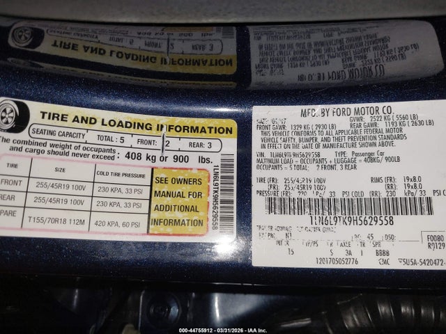 44755912 :رقم المزاد ، 1LN6L9TK9H5629558 vin ، 2017 Lincoln Continental Select مزاد بيع