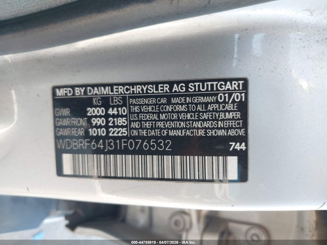 Aukcja sprzedaży 2001 Mercedes-benz C 320, vin: WDBRF64J31F076532, numer aukcji: 44755919