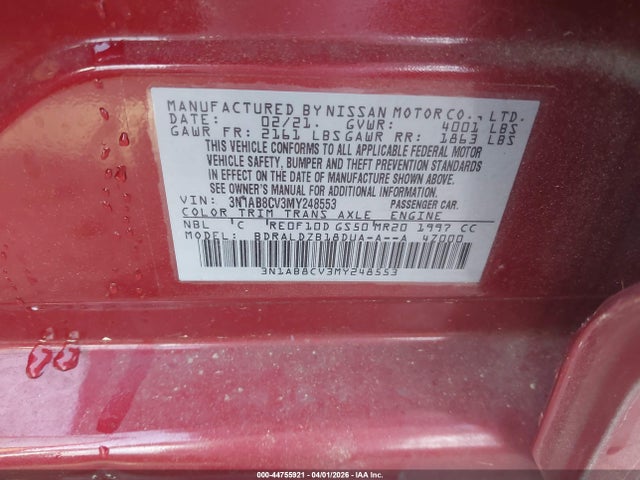 Aukcja sprzedaży 2021 Nissan Sentra Sv Xtronic Cvt, vin: 3N1AB8CV3MY248553, numer aukcji: 44755921