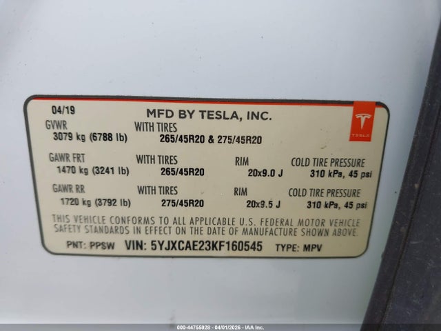 Aukcja sprzedaży 2019 Tesla Model X 100d/75d/long Range, vin: 5YJXCAE23KF160545, numer aukcji: 44755928