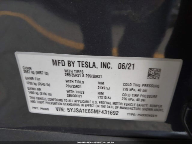 2021 Tesla Model S Plaid Tri Motor All-wheel Drive მანქანა იყიდება აუქციონზე, vin: 5YJSA1E65MF431692, აუქციონის ნომერი: 44755930