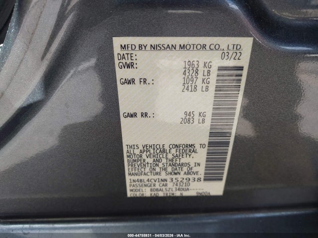Продажа на аукционе авто 2022 Nissan Altima Sr Fwd, vin: 1N4BL4CV1NN352938, номер лота: 44755931