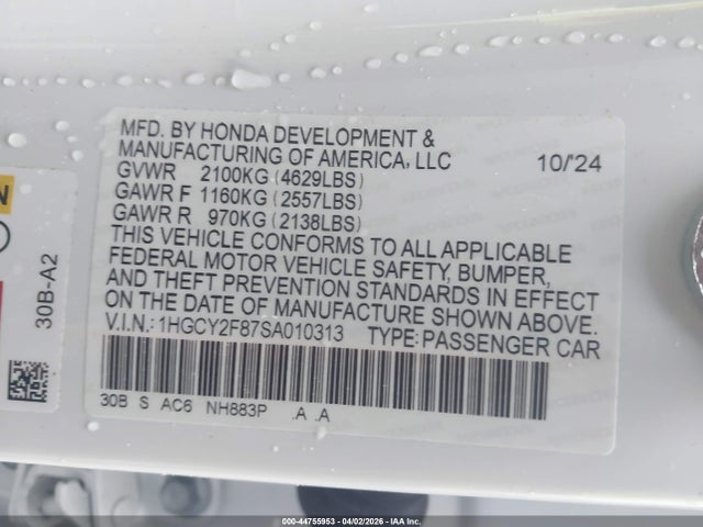 2025 Honda Accord Hybrid Touring მანქანა იყიდება აუქციონზე, vin: 1HGCY2F87SA010313, აუქციონის ნომერი: 44755953