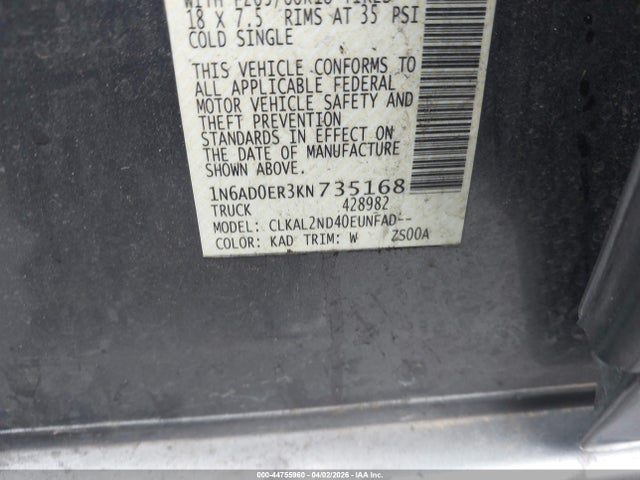 2019 Nissan Frontier Sv მანქანა იყიდება აუქციონზე, vin: 1N6AD0ER3KN735168, აუქციონის ნომერი: 44755960