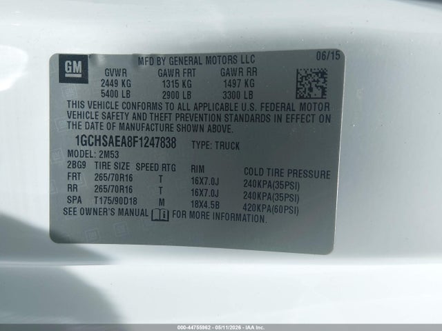 Aukcja sprzedaży 2015 Chevrolet Colorado Wt, vin: 1GCHSAEA8F1247838, numer aukcji: 44755962
