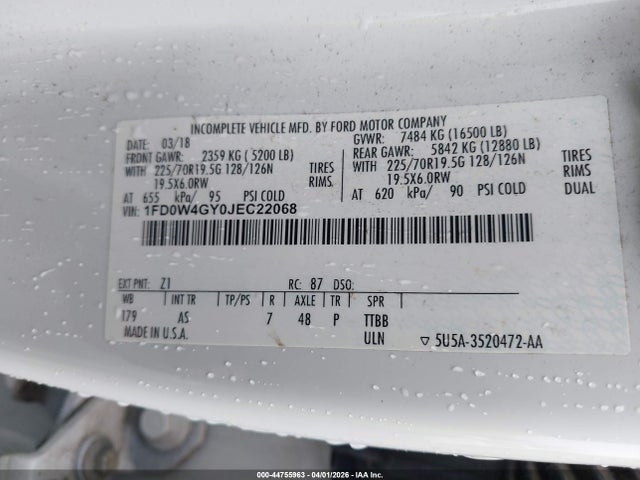 44755963 :رقم المزاد ، 1FD0W4GY0JEC22068 vin ، 2018 Ford F-450 Chassis Xl مزاد بيع