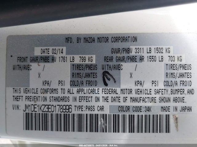 44755970 :رقم المزاد ، JM1DE1KZ3E0178996 vin ، 2014 Mazda Mazda2 Sport مزاد بيع