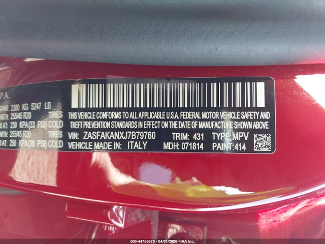 44755979 :رقم المزاد ، ZASFAKANXJ7B79760 vin ، 2018 Alfa Romeo Stelvio Awd مزاد بيع
