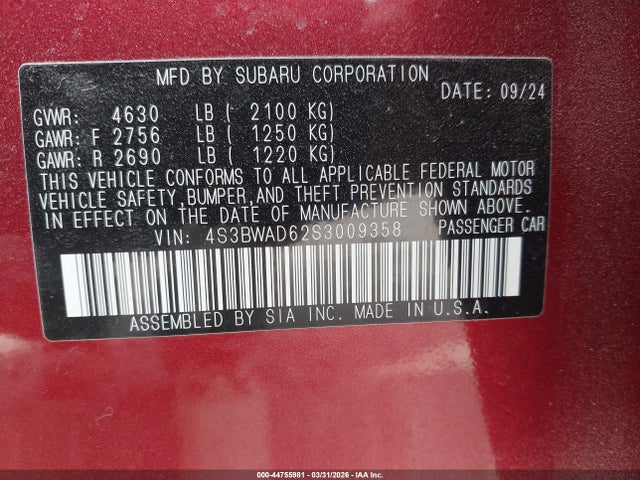 44755981 :رقم المزاد ، 4S3BWAD62S3009358 vin ، 2025 Subaru Legacy Premium مزاد بيع