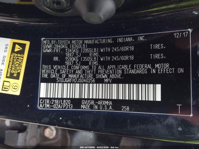 2018 Toyota Highlander Hybrid Xle მანქანა იყიდება აუქციონზე, vin: 5TDJGRFH2JS040256, აუქციონის ნომერი: 44755990