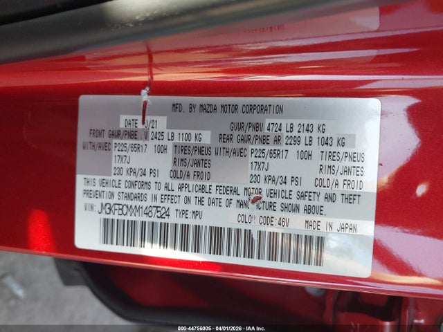Aukcja sprzedaży 2021 Mazda Cx-5 Touring, vin: JM3KFBCMXM1487524, numer aukcji: 44756005
