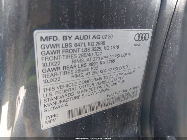 Продаж на аукціоні авто 2020 Audi Q8 Prestige 55 Tfsi Quattro Tiptronic, vin: WA1FVAF10LD019060, номер лоту: 44756010