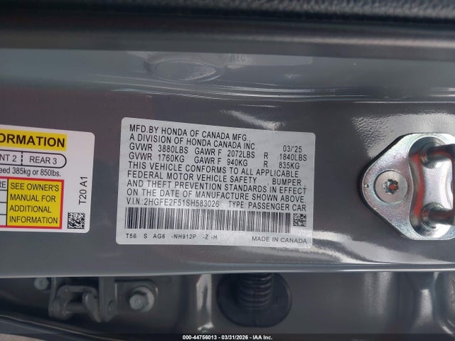 44756013 :رقم المزاد ، 2HGFE2F51SH583026 vin ، 2025 Honda Civic Sport مزاد بيع