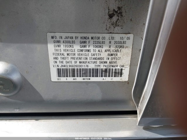 Продажа на аукционе авто 2006 Acura Tsx, vin: JH4CL96826C001176, номер лота: 44756025