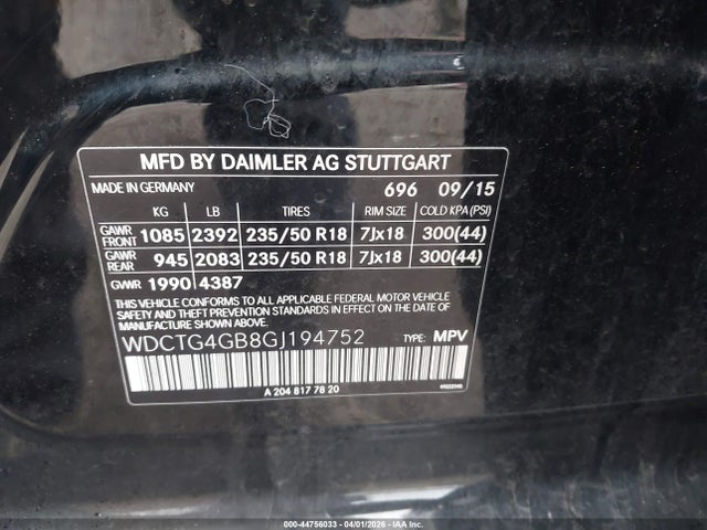 Aukcja sprzedaży 2016 Mercedes-benz Gla 250 4matic, vin: WDCTG4GB8GJ194752, numer aukcji: 44756033