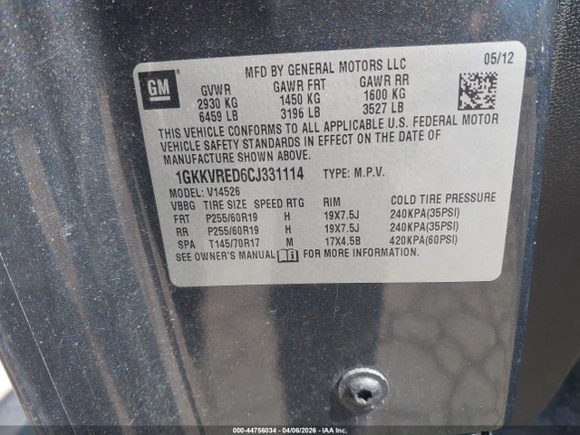 Aukcja sprzedaży 2012 Gmc Acadia Slt-1, vin: 1GKKVRED6CJ331114, numer aukcji: 44756034